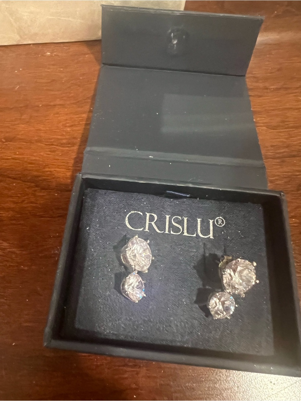 Crislu Clear Crystal Double Drop Earrings - Silver Tone